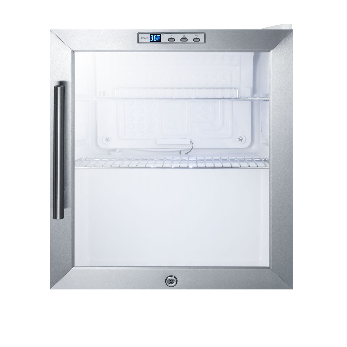 Commercially approved glass door refrigerator with digital thermostat and stainless steel wrapped cabinet